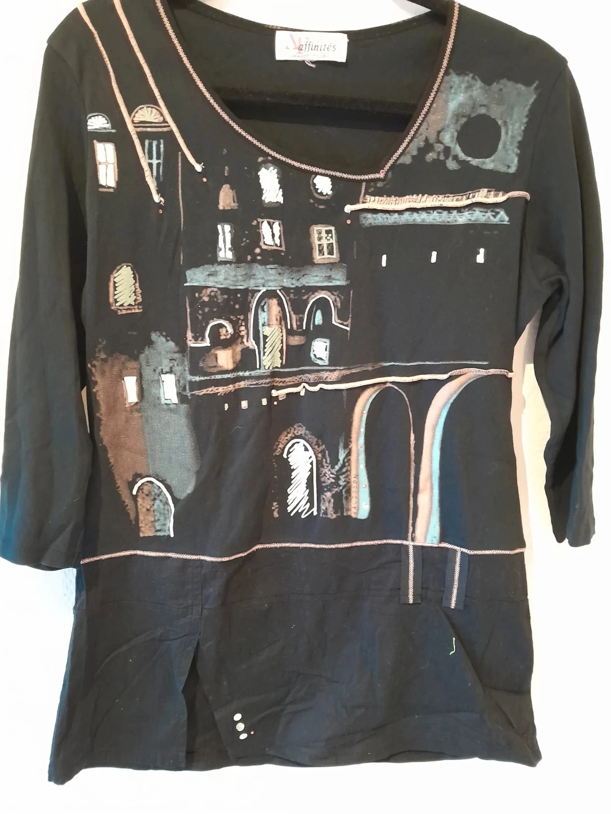 Haut femme, noir imprimé, Marque Affinités, taille 38
